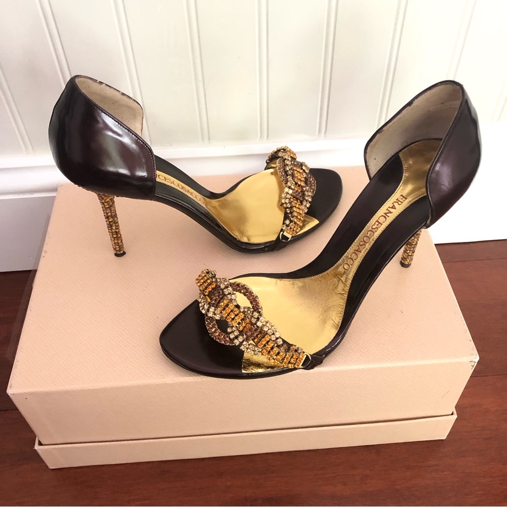 Francesco Secco ombre ,orange ,yellow diamond embellished peep toe pumps sandals